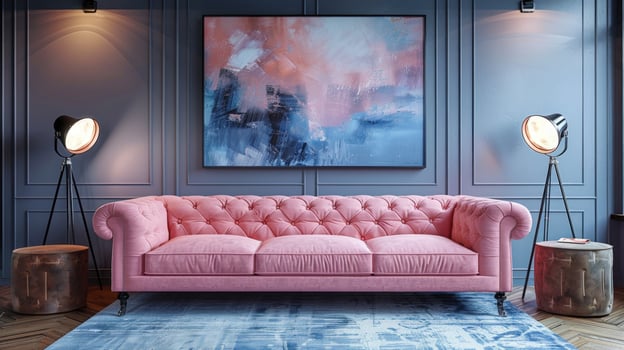 Elegant interior with pink velvet couch floor lamps and abstract artwork photo