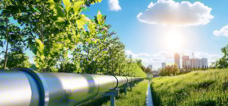 Pipeline through park, city skyline background photo