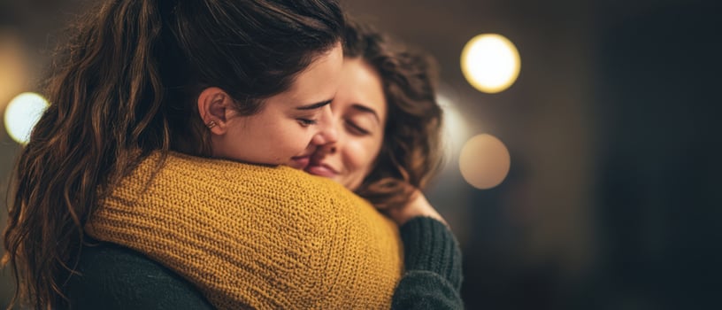 The heartfelt embrace between two friends enjoying a cozy moment together. photo