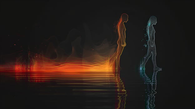 Abstract figures walking on reflective water surface in contrasting colors graphic design photo