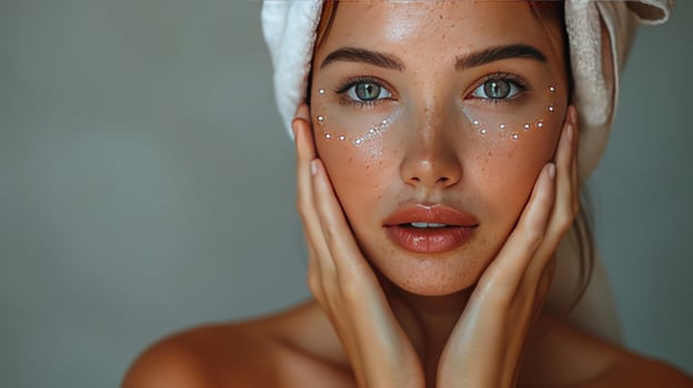 Woman with towel on head touching her face in a beauty studio shot photo
