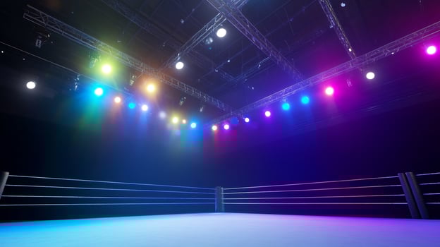 Illuminated boxing ring, arena, fight night photo