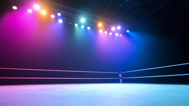 Empty wrestling ring, colorful lights, arena, night event promotion photo
