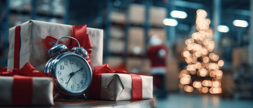 The Christmas gifts and clock creating a festive atmosphere in a cozy setting. photo
