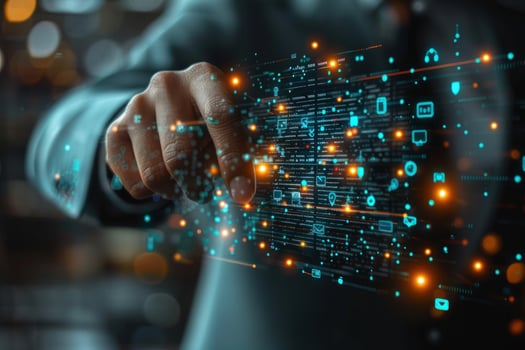 Human interaction with digital interface and floating icons photo