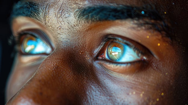 Detailed eye close up of a person reflecting light and color photo