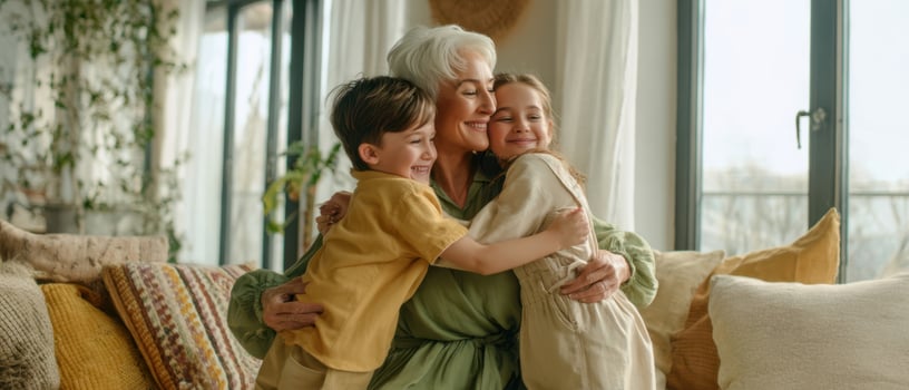 The loving embrace of a grandmother with her happy grandchildren at home. photo
