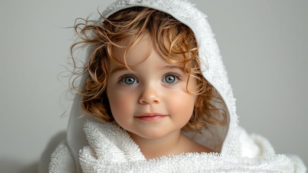Post bath portrait of blond and blue eyed baby in white towel photo