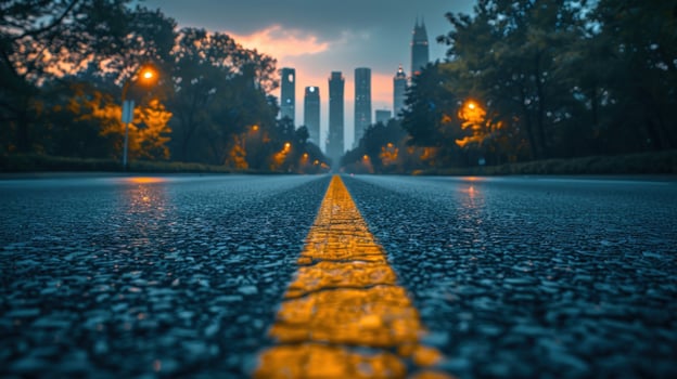 Urban road leading to city skyline at dusk with yellow stripe photo