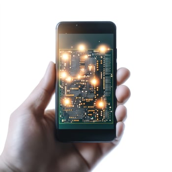 Smartphone displaying glowing circuit board in hand technology concept photo