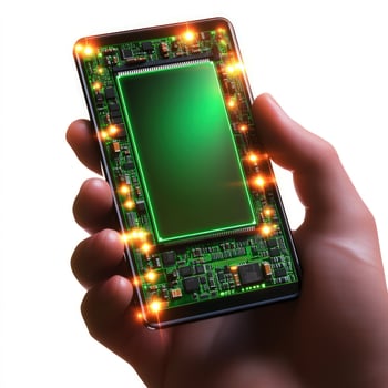 Hand holding futuristic smartphone with glowing circuit design photo