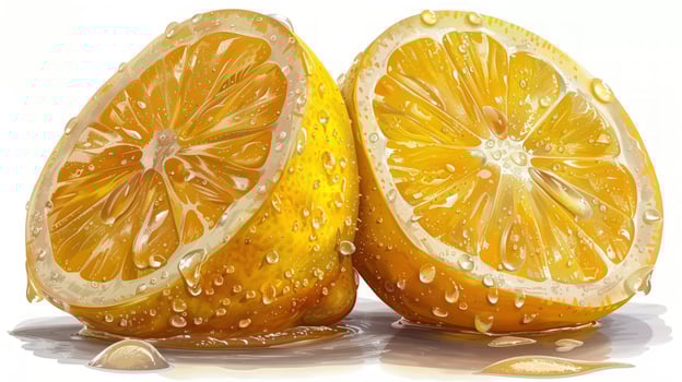 Fresh cut lemon halves with water droplets isolated on white background still life photo
