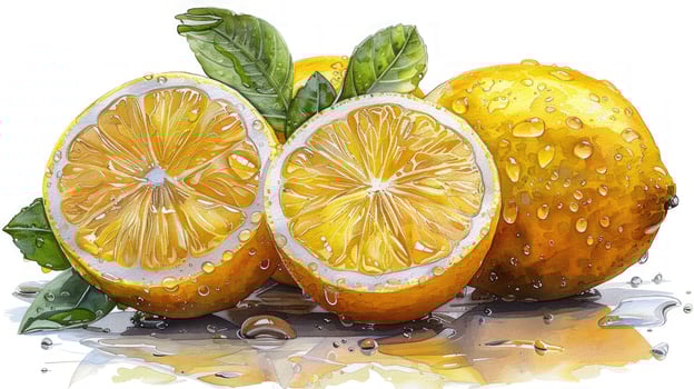 Fresh lemon still life watercolor illustration of citrus fruit with water droplets photo