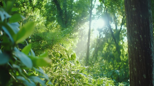 Sunlit Forest Path, Lush Green Canopy photo