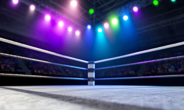 Empty boxing ring, spotlight, crowd. Sports event background photo
