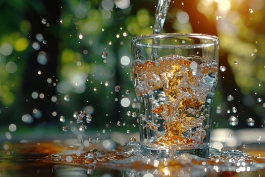 Water poured into glass with splash against natural background photo