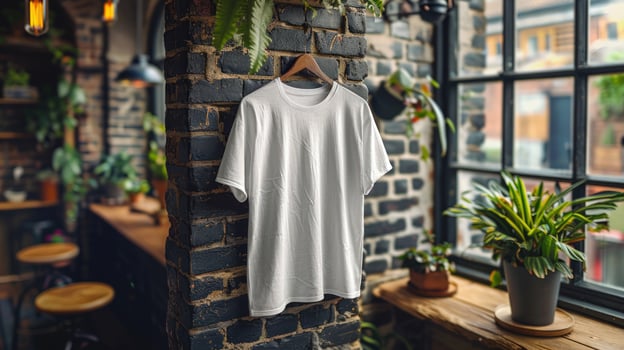 White t shirt mockup on brick wall with plants indoor decorative scene photo
