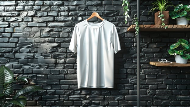 White t shirt on hanger black brick wall mockup template for clothing apparel promotion photo
