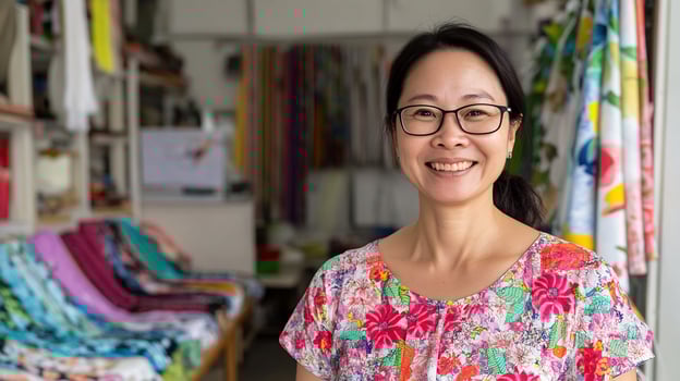 Smiling woman, textile shop, colorful fabrics, small business photo