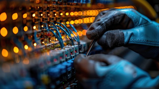 Electrical engineer worker repairing machine wiring system industrial maintenance photo