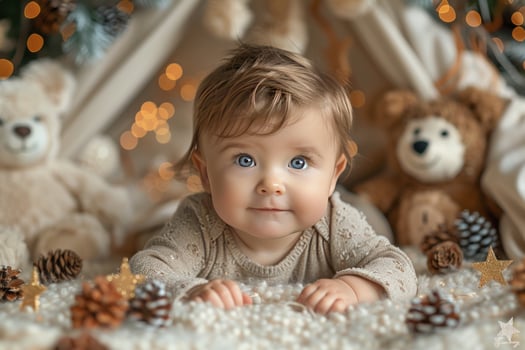 Adorable baby portrait with festive holiday decorations and soft toys creates cozy atmosphere photo