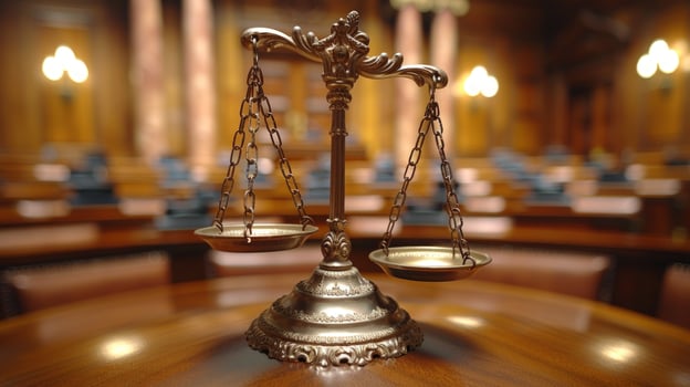 Golden scale of justice in court law and equilibrium concept photo