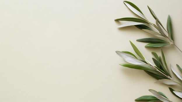 Olive branches on beige background, copy space, nature, design photo