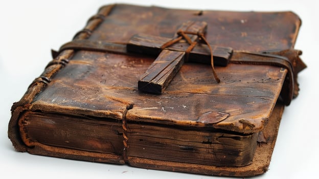 Antique leather book with wooden cross historical manuscript photo