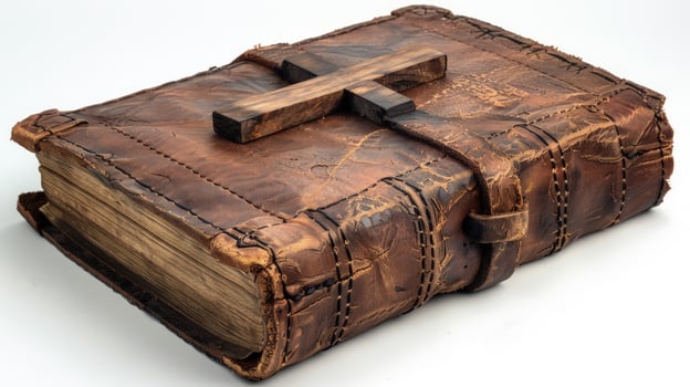 Antique leather book with wooden cross symbol of faith and knowledge photo