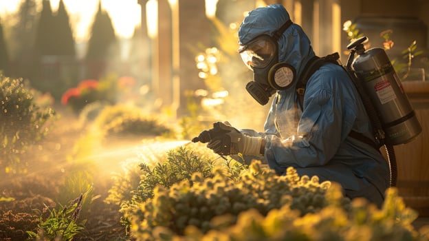 Protective suit spraying plants in garden pest control agriculture photo
