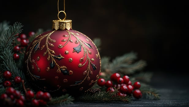 Elegant christmas ornament with berries and pine branches holiday season festive decoration photo