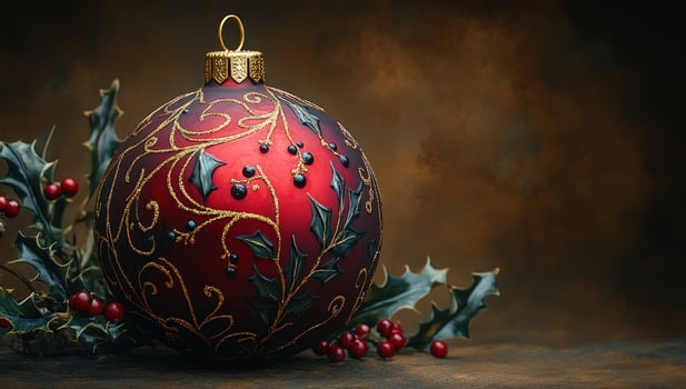 Festive christmas bauble with holly berries ornate holiday ornament background photo
