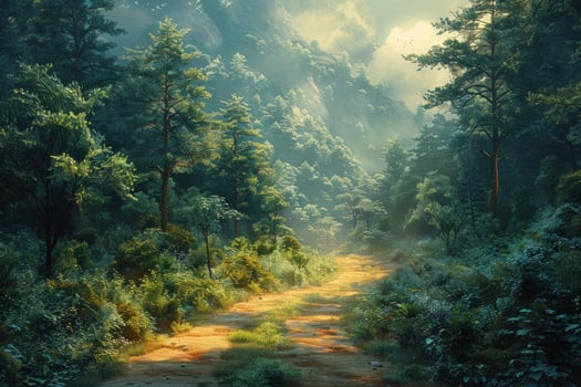 Sunlit forest path through green woodland landscape photo