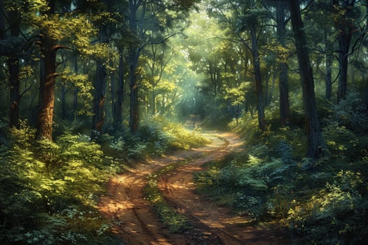 Forest path through green woodland under sunlight photo