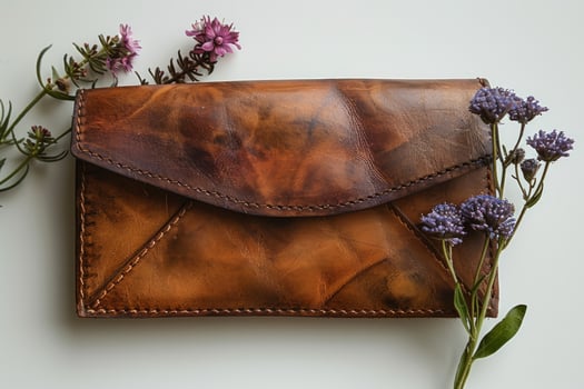 Handcrafted leather clutch bag with wildflower decoration minimalist composition photo