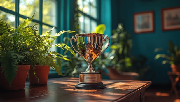 Trophy with ferns on wooden table for achievement or home decor concept photo