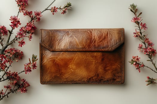 Aged leather wallet with floral decor fashion and accessory still life photo