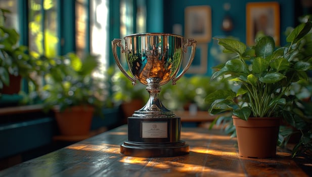Silver trophy symbolizing success among indoor plants with ambient sunlight photo
