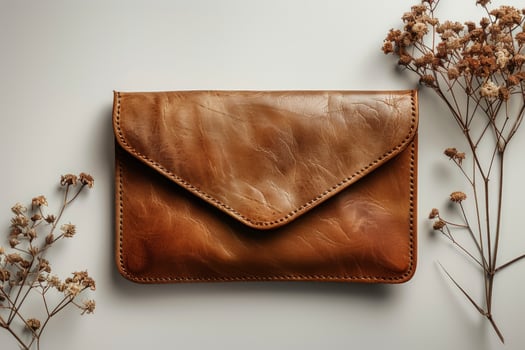 Brown leather envelope clutch with dried flowers product studio shot photo