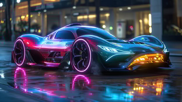 Sleek futuristic car neon lights city street night reflection photo