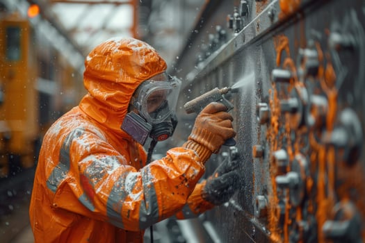 Industrial worker spraying metal surface protective gear maintenance photo