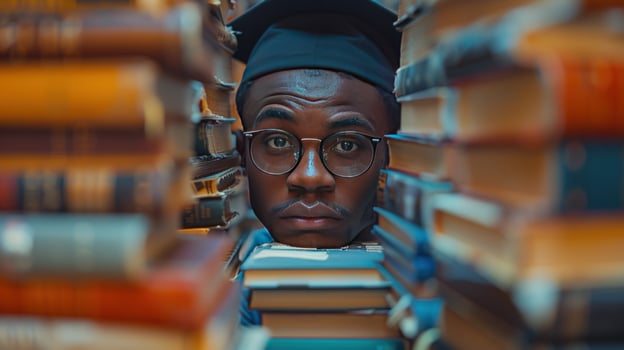 Graduation portrait amidst books education academic achievement photo