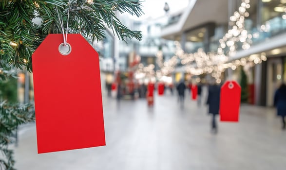 Red sale tags on Christmas tree, shoppers in mall photo