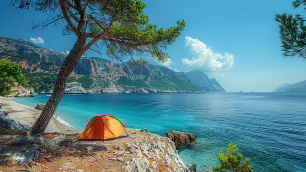 Seaside camping adventure orange tent on rocky shore with ocean view photo
