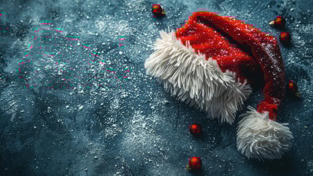 Festive holiday still life with hat and ornaments on snowy blue surface photo