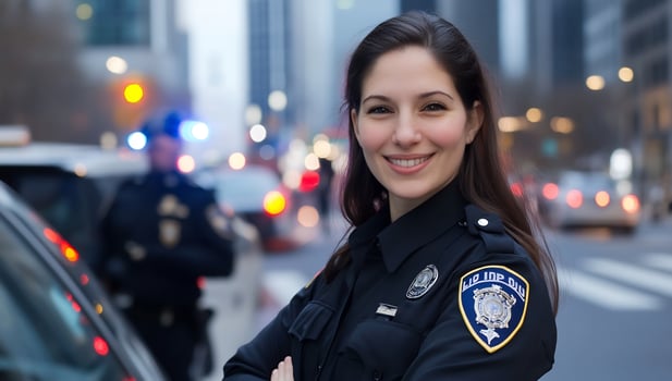Confident policewoman, city street, blurred background, emergency vehicles photo