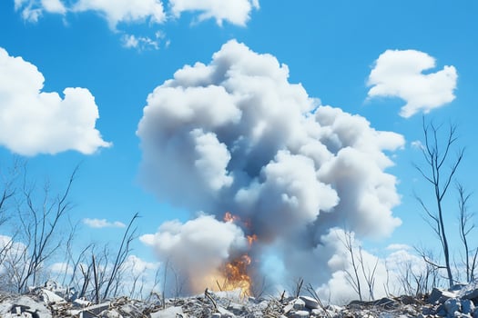 Fireball explosion, debris field, apocalyptic sky, destruction photo