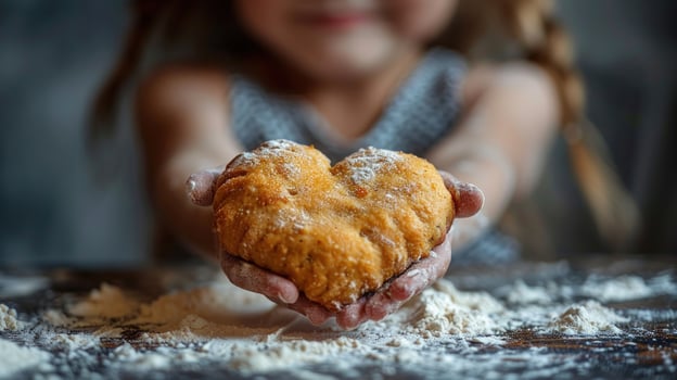 Child presenting heart shaped baked good covered in flour photo