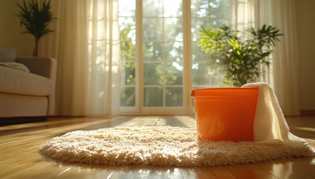 House cleaning equipment with bucket and cloth on fluffy rug in bright home interior photo