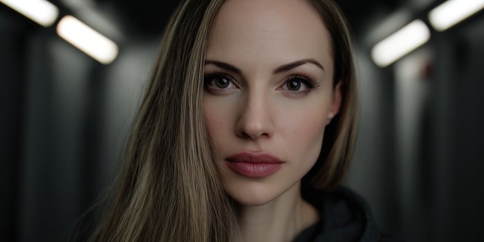 A woman with long hair and a dark jacket photo
